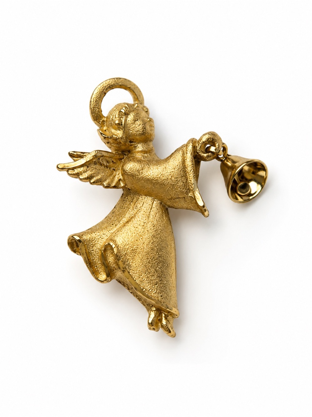 Vintage Christmas Angel Brooch Gold Tone Bell Pin Holiday Jewelry